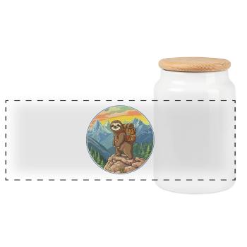 Cute Sloth Hiking Camping Mountain Adventure - Panoramic Cookie Jar with Wooden Lid - white - Front