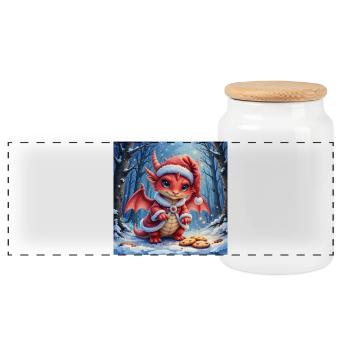 Adorable Christmas Dragon in Snowy Forest - Panoramic Cookie Jar with Wooden Lid - white - Front