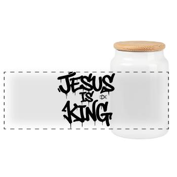 JESUS IS KING-Urban Grafitti Style - Panoramic Cookie Jar with Wooden Lid - white - Front