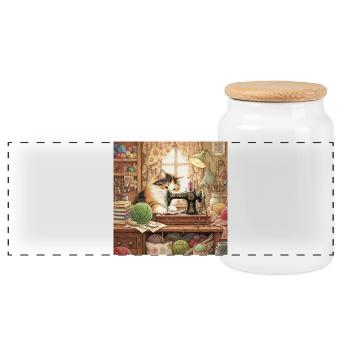 Cat Studio Sewing Machine Cuddling - Panoramic Cookie Jar with Wooden Lid - white - Front