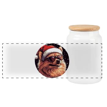 Cool dog with Santa hat - Panoramic Cookie Jar with Wooden Lid - white - Front