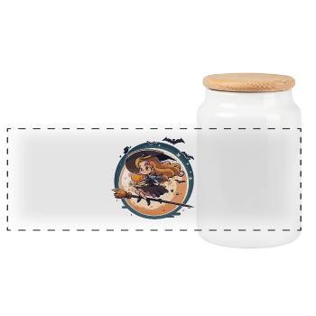 Moonlight Witch on Broom - Panoramic Cookie Jar with Wooden Lid - white - Front