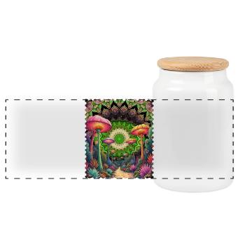 Psychedelic Mushroom Landscape Mandala - Panoramic Cookie Jar with Wooden Lid - white - Front