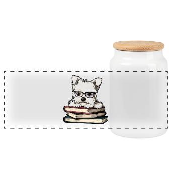 Un joli Westie Dog Reading Book avec des lunettes - Boîte à biscuits avec couvercle en bois - blanc - Devant