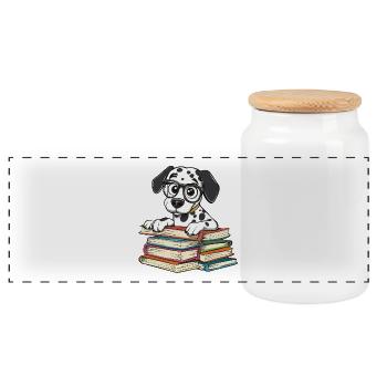 Cute Dalmatian Dog Reading Book with Glasses - Panoramic Cookie Jar with Wooden Lid - white - Front