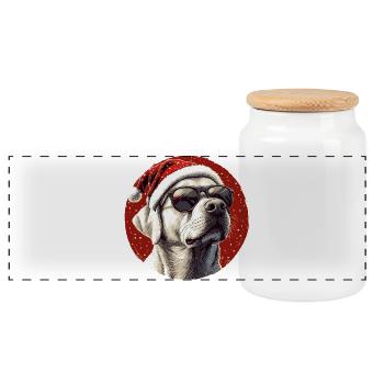 Chien de Noël avec des lunettes de soleil - Boîte à biscuits avec couvercle en bois - blanc - Devant