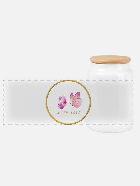Rosa Schmetterlinge mit Liebe - with love - Panorama Keksdose mit Holzdeckel - Weiß
