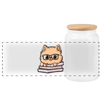 Mignon livre de lecture pour chiens poméraniens avec des lunettes - Boîte à biscuits avec couvercle en bois - blanc - Devant