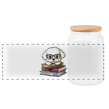 Mignon livre de lecture de chien Bichon Frisé avec lunettes - Boîte à biscuits avec couvercle en bois - blanc - Devant