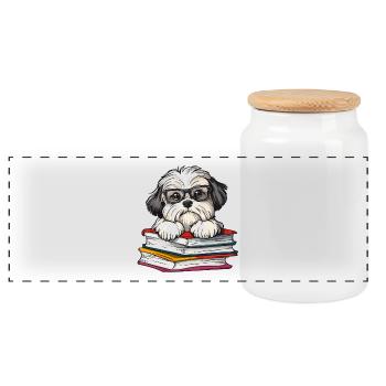 Cute Havanese Dog Reading Book with Glasses - Panoramic Cookie Jar with Wooden Lid - white - Front