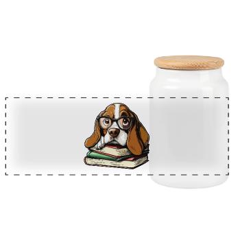 Niedliches Basset Hound Dog Lesebuch mit Brille - Panorama Keksdose mit Holzdeckel - Weiß - Vorne