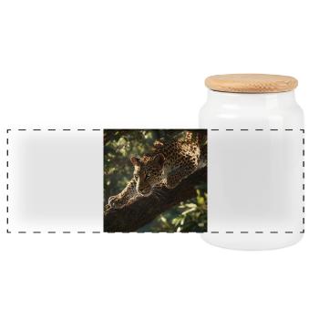 Majestic leopard on the lookout - Panoramic Cookie Jar with Wooden Lid - white - Front