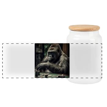 Gorilla am Pokertisch – Kaltblütiger Profi - Panorama Keksdose mit Holzdeckel - Weiß - Vorne