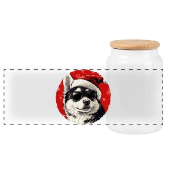 Husky Santa mit Sonnenbrille - Panorama Keksdose mit Holzdeckel - Weiß - Vorne