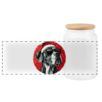 Festive Great Dane with sunglasses - Panoramic Cookie Jar with Wooden Lid - white - Front
