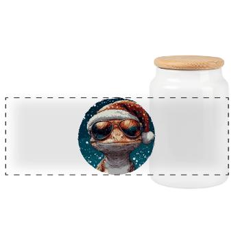 Gecko Santa Hat with Sunglasses - Panoramic Cookie Jar with Wooden Lid - white - Front