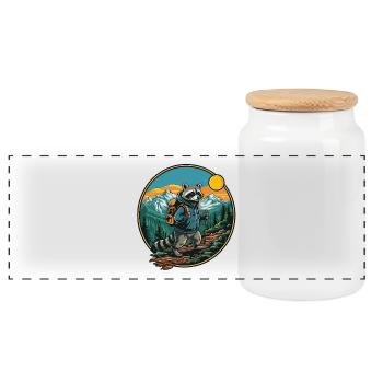 Cute Raccoon Hiking Camping Mountain Adventure - Panoramic Cookie Jar with Wooden Lid - white - Front
