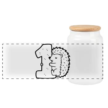 Süßer Igel mit Zahl 1 Cartoon Illustration - Panorama Keksdose mit Holzdeckel - Weiß - Vorne
