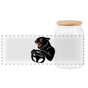 Big cat at the wheel - Panoramic Cookie Jar with Wooden Lid - white - Front