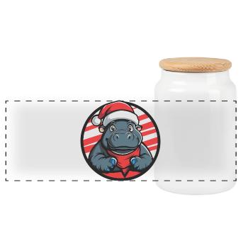 Christmas Hippo Cartoon - Panoramic Cookie Jar with Wooden Lid - white - Front