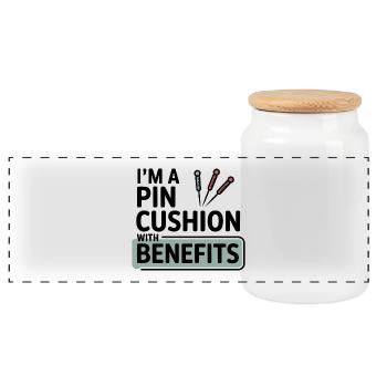 I'm A Pin Cushion With Benefits Acupuncturist  - Panoramic Cookie Jar with Wooden Lid - white - Front