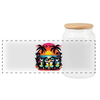 Sunset penguins on the palm beach - Panoramic Cookie Jar with Wooden Lid - white - Front