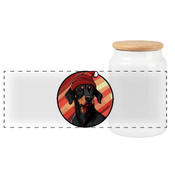 Doberman with Santa hat - Panoramic Cookie Jar with Wooden Lid - white - Front