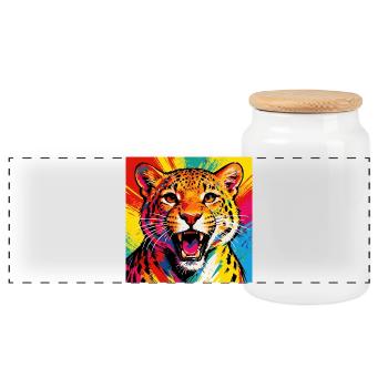 Leopard Pop Art Color Explosion - Panoramic Cookie Jar with Wooden Lid - white - Front