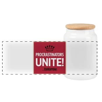 Procrastinators Unite ...Tomorrow - Panoramic Cookie Jar with Wooden Lid - white - Front