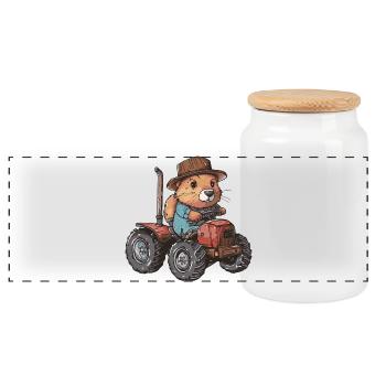 Biber Traktor Farmer - Panorama Keksdose mit Holzdeckel - Weiß - Vorne