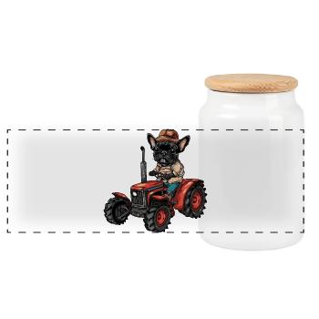 French Buldog Dog Tractor Farmer - Panoramic Cookie Jar with Wooden Lid - white - Front