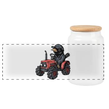 Raven Crow Tractor Farmer - Panoramic Cookie Jar with Wooden Lid - white - Front