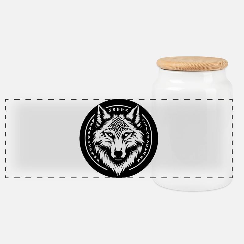 Wolf mit nordischen Symbolen - Panorama Keksdose mit Holzdeckel - Weiß