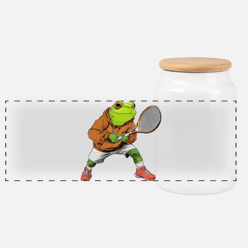 Frösche Tennis - Panorama Keksdose mit Holzdeckel - Weiß