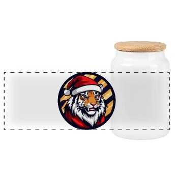Christmas Tiger in Santa Hat - Panoramic Cookie Jar with Wooden Lid - white - Front