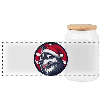 Winter Wolf with Santa Hat - Panoramic Cookie Jar with Wooden Lid - white - Front