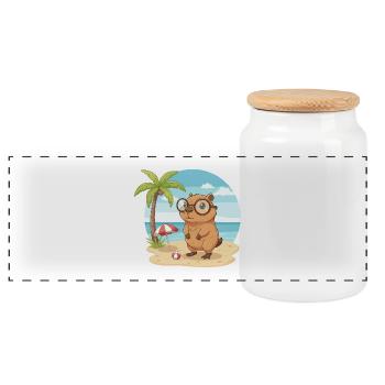 Cute Capybara with Glasses Beach Summer Vacation - Panoramic Cookie Jar with Wooden Lid - white - Front