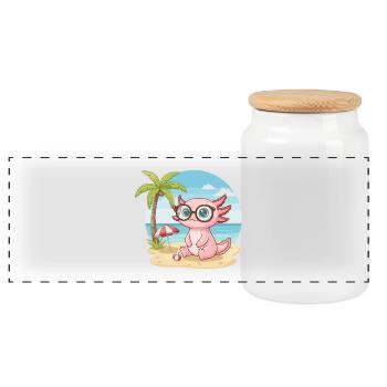 Cute Axolotl with Glasses Beach Summer Vacation - Panoramic Cookie Jar with Wooden Lid - white - Front