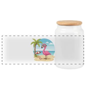 Cute Flamingo with Glasses Beach Summer Vacation - Panoramic Cookie Jar with Wooden Lid - white - Front