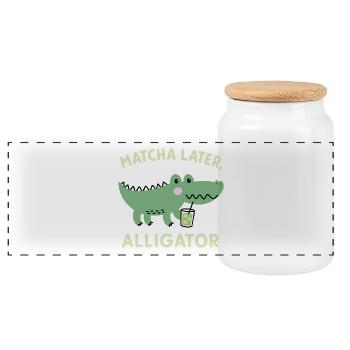 Matcha Later, Aligator – Japanese Tea Trend Saying - Panoramic Cookie Jar with Wooden Lid - white - Front