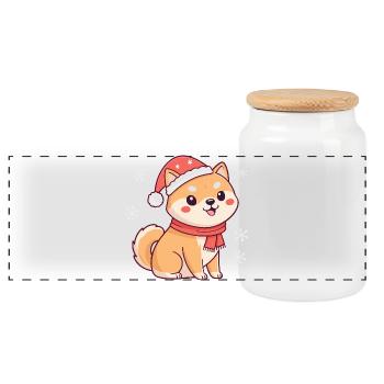 Shiba Noël Mignon avec chapeau et écharpe - Boîte à biscuits avec couvercle en bois - blanc - Devant