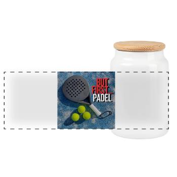 Padel zuerst - Padel first - Panorama Keksdose mit Holzdeckel - Weiß - Vorne