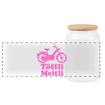 Töffli Meitli – Maillot de cyclomoteur pour filles et fans de mobylette - Boîte à biscuits avec couvercle en bois - blanc - Devant