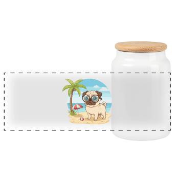Niedlicher Mops mit Brille – Strandurlaub im Sommer - Panorama Keksdose mit Holzdeckel - Weiß - Vorne