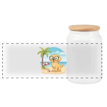 Cute Dog with Glasses Beach Summer Vacation - Panoramic Cookie Jar with Wooden Lid - white - Front