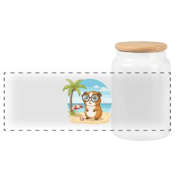 Cute Guinea Pig with Glasses Beach Summer Vacation - Panoramic Cookie Jar with Wooden Lid - white - Front