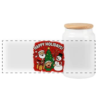 Happy Holidays Trio Christmas Scene - Panoramic Cookie Jar with Wooden Lid - white - Front