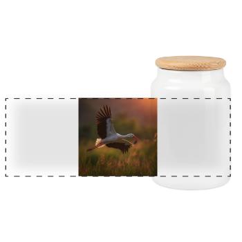 Majestic Stork Flight Sunset - Panoramic Cookie Jar with Wooden Lid - white - Front