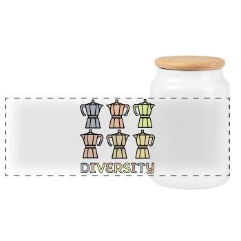 Espresso-Kaffee-Vielfalt - Panorama Keksdose mit Holzdeckel - Weiß - Vorne