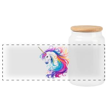 Rainbow Unicorn Head Portrait - Panoramic Cookie Jar with Wooden Lid - white - Front